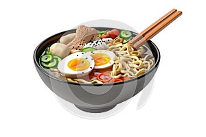 Asian noodle soup, ramen with chicken, vegetables and egg in black bowl,