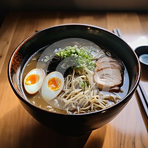 Asian noodle soup, ramen with chicken, vegetables and egg in a black bowl. on the table, side view