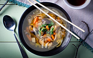 Asian noodle vegetable soup bowl