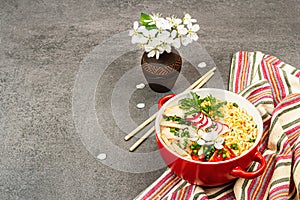 Asian noodles with chicken, vegetables, and herbs in a red bowl. Traditional Japanese soup