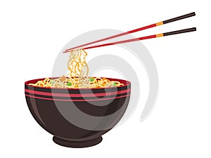 Oriental noodle food. Asian ramen tradition Chinese noodle restaurant with pasta and chopsticks. Vector illustration in cartoon fl