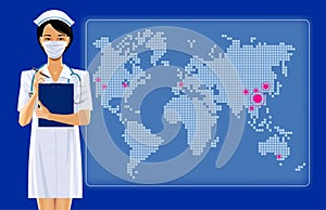 Asian nurse girl in surgical mask against the world map photo