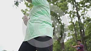 Asian obese old woman doing tai chi Chuan asian martial arts dance exercise at the park with partner on Background, wellness