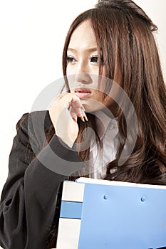 Asian office lady in black suit Folder in hand