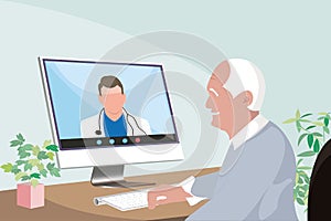 Asian old man consulting doctor using video call