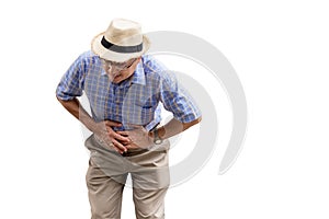 Asian old man, have an upset stomach, On white isolated background