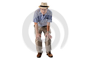 Asian old man, having knee injury on both sides