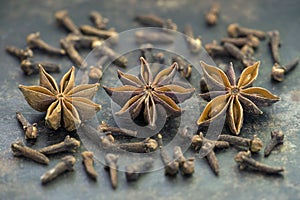 Asian organic food spices, dry star anises with cloves