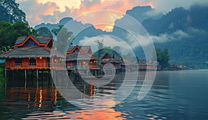 Asian Over water villas at sunset with beautiful mountains at the background and reflection in water