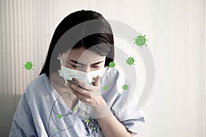 Asian patient woman wearing mask virus from sickness covid virus around in the lung