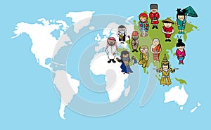 Asian people cartoons, world map diversity illustr