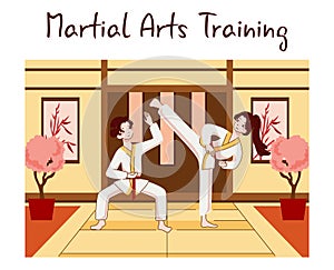 Asian people doing sport. Karate exercising. Chinese practise or martial art
