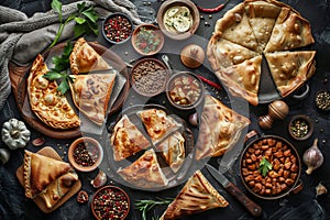 Asian Pies Set with Qutab, Homemade Samosa, Indian Samsa, Traditional Uzbek Burekas