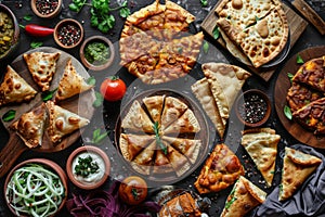 Asian Pies Set with Qutab, Homemade Samosa, Indian Samsa, Traditional Uzbek Burekas