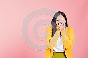 Asian portrait beautiful cute young woman standing amazed, shocked afraid mouth covered gesturing hand palms