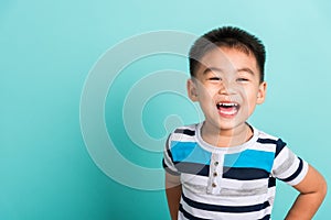 Asian portrait of cute little boy kid happy face he laughing smiles