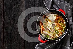 Asian Potsticker Soup in red pot, top view