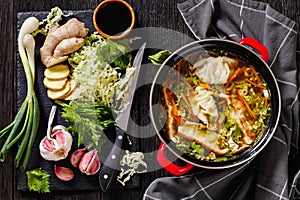 Asian Potsticker Soup in red pot, top view