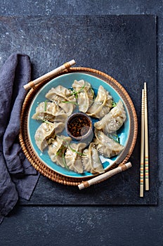 Asian Potstickers dumplings Gyoza with Soy Sauce