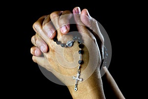 Asian Praying Hands With Silver Rosary