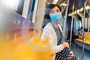 Asian Pregnant Woman wearing protective face mask touching her belly