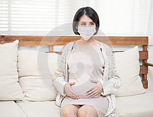 Asian pregnant women wearing medical mask due to illness, dizziness with worry, pandemic wuhan coronavirus COVID-19 health care