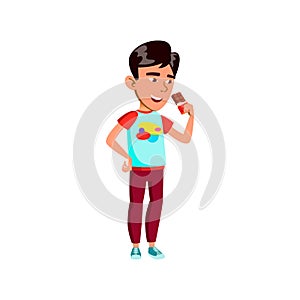 asian preteen boy eating chocolate bar in park cartoon vector