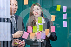 Asian professional successful female businesswomen in formal business suit standing holding marker pen writing strategy on glass