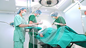 Asian Professional surgeons team performing surgery in the operating room, surgeon, Assistants, and Nurses Performing Surgery on a