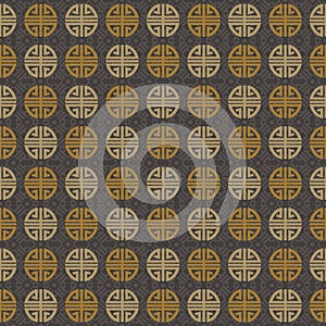 Asian prosperity symbol texture seamless repeat design in gold and black.
