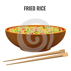 Fried rice bowl and chopsticks side view vector illustration