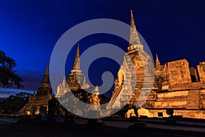 Asian religious architecture. Ancient Buddhist pagoda ruins at Wat Phra Sri Sanphet Temple in Ayutthaya, Thailand