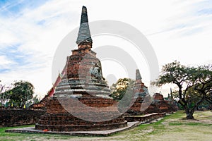 Asian religious architecture. Ancient Buddhist pagoda ruins at Wat Phra Sri Sanphet Temple in Ayutthaya, Thailand