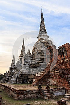 Asian religious architecture. Ancient Buddhist pagoda ruins at Wat Phra Sri Sanphet Temple in Ayutthaya, Thailand