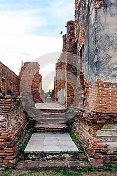 Asian religious architecture. Ancient Buddhist pagoda ruins at Wat Phra Sri Sanphet Temple in Ayutthaya, Thailand