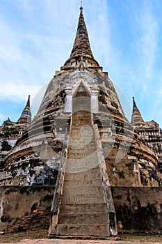 Asian religious architecture. Ancient Buddhist pagoda ruins at Wat Phra Sri Sanphet Temple in Ayutthaya, Thailand