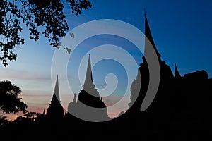 Asian religious architecture. Ancient Buddhist pagoda ruins at Wat Phra Sri Sanphet Temple in Ayutthaya, Thailand