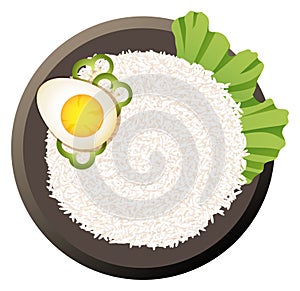 Asian rice bowl with egg and vegetables. Dish top view