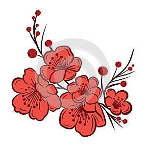 Asian sakura cherry blossom branch, minimalist simple flat vector illustration isolated on white background. Clip art