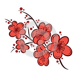 Asian sakura cherry blossom branch, minimalist simple flat vector illustration isolated on white background. Clip art