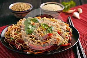 Asian salad with rice noodles and vegetables, korean style cuisine.