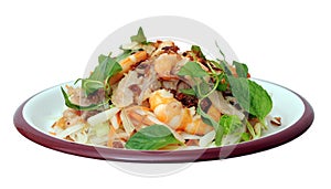 Asian salad with sliced lotus, shrimp and pork meat on dish