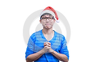 Asian Santa Claus man with eyeglasses and blue shirt has plead a