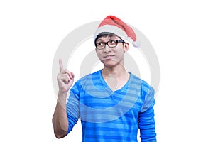 Asian Santa Claus man with eyeglasses and blue shirt has seriuosly thinking for new idea and success isolated on white background