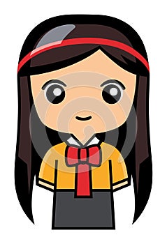 Asian schoolgirl character with a headband, black hair, and a yellow shirt. Cute female student in uniform vector