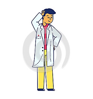 Asian scientist thinking in a lab coat. Young male doctor pondering with hand on head, smiling. Confident medical