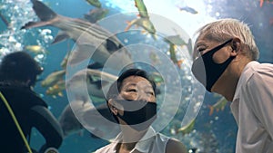 Asian senior couple have fun dating in aquarium good relationship go out activity together