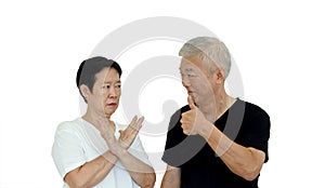 Asian senior couple relationship disagreement regular conflict in opinion copy space