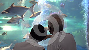 Asian senior elder couple dating in Aquarium new normal condition with mask fun happy relax trip