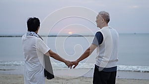 Asian senior elder couple holding hands looking sunset sea ocean together happy retirement life